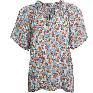 Olivia Grey Split Neck Floral Top Turquoise S